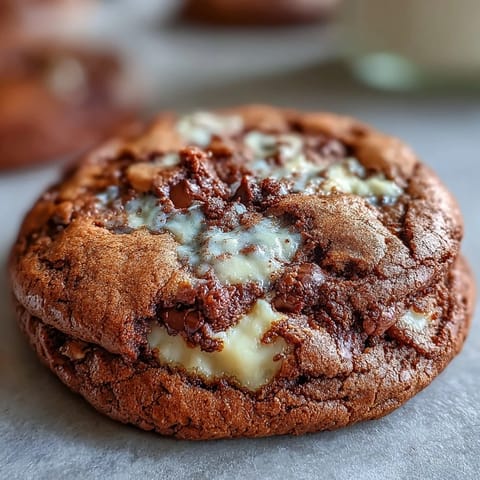 A close-up of Hojicha Brownie Cookies on a cooling rack, showcasing chewy edges and melted white chocolate chunks.