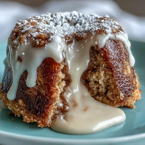 Freshly baked Hojicha White Chocolate Lava Cake releasing steam, revealing a creamy roasted tea and white chocolate lava sauce on a rustic wooden table.