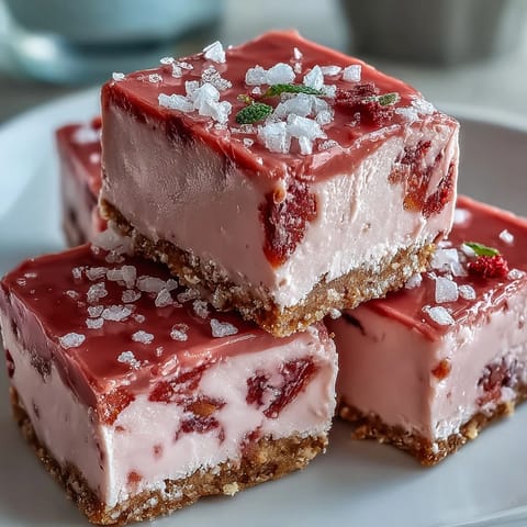 No-Bake Strawberry Fudge Squares topped with fresh strawberry slices on a white ceramic plate.