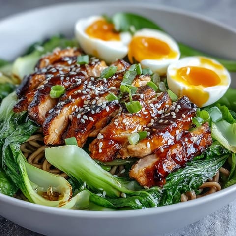 Healthy Miso Chicken Noodle Bowls steaming in a ceramic bowl, topped with scallions, sesame seeds, and chili oil.