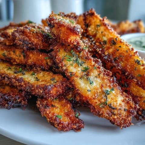 Golden Crispy Baked Chicken Parmesan Fries on a plate, garnished with fresh parsley and dips.