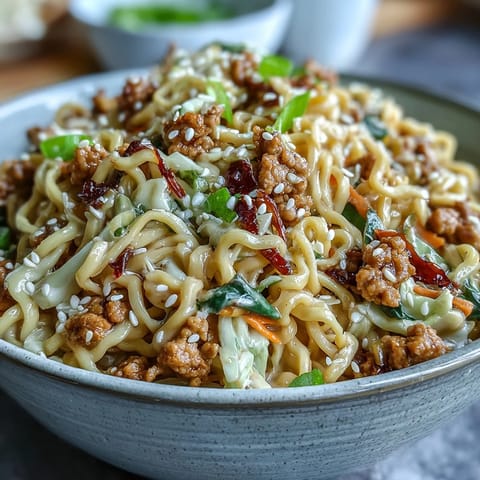 Ground turkey and coleslaw mix tossed with ramen noodles in a rich, savory peanut-sesame sauce for a quick weeknight dinner.