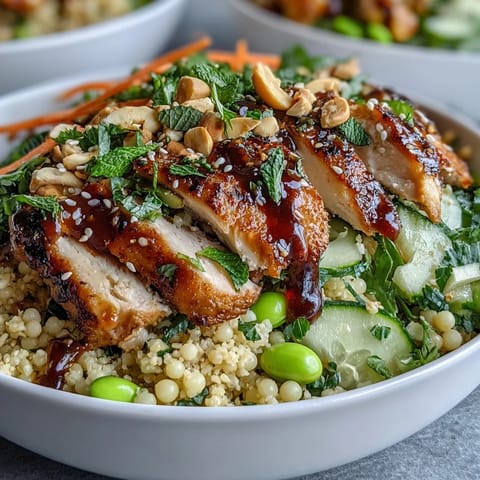 Golden-baked chicken rests over sesame-ginger couscous, topped with crunchy cucumbers, carrots, edamame, and chopped cashews in a vibrant fusion bowl.