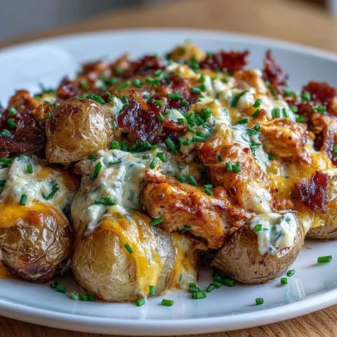 Juicy chicken coated in tangy buffalo ranch sauce pairs perfectly with soft roasted potatoes and fresh green onions for an easy weeknight dinner.