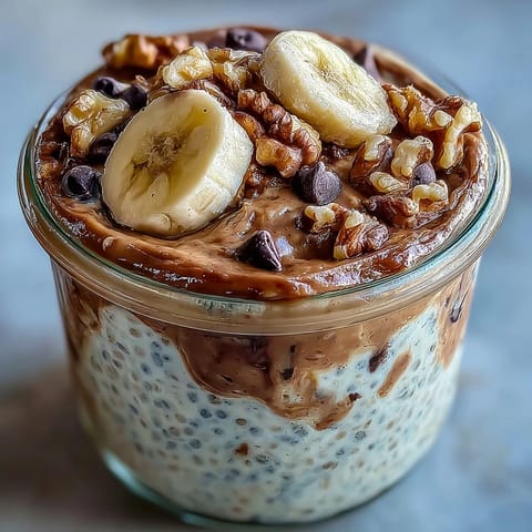 Overnight jar of Chunky Monkey Overnight Chia Pudding reveals thick cocoa and peanut butter layers with chocolate chips on top.
