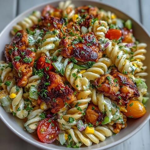 Creamy Honey BBQ Chicken Pasta Salad tossed in a wooden bowl, with tender chicken pieces, corn, celery, and a rich smoky dressing, perfect for a backyard BBQ gathering.