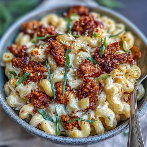 Korean-Style Turkey Mac & Cheese served in a white bowl with golden-orange sauce and spicy ground turkey crumbles.