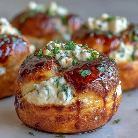 Golden-brown Hot Honey Ricotta Stuffed Garlic Knots, fresh from the oven, drizzled with spicy sweet glaze.