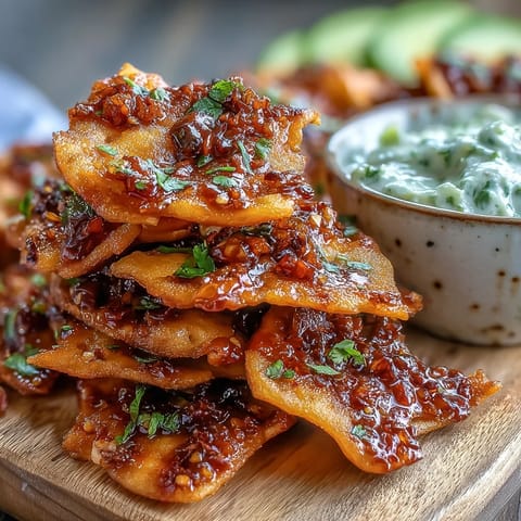 Golden, crispy Spicy Chili Crisp Garlic Naan Chips garnished with fresh cilantro, paired with a bowl of creamy Asian cucumber dip.