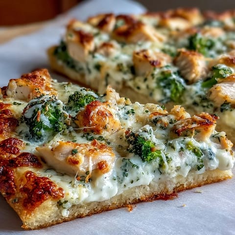 Close-up of a freshly baked Garlic Parmesan Chicken & Broccoli Pizza with golden, bubbling cheese and crisp crust.