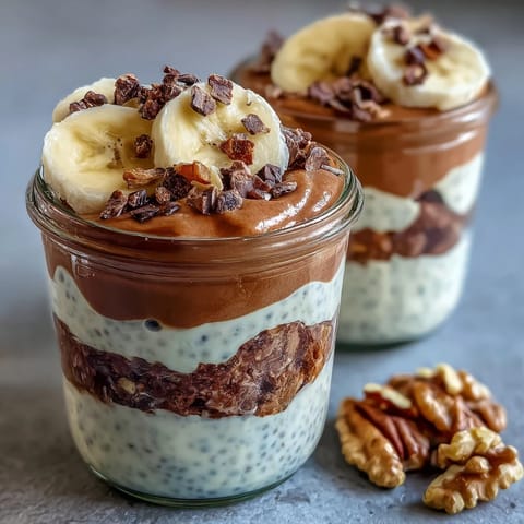 A jar of Chunky Monkey Overnight Chia Pudding layered with creamy peanut butter and ripe banana slices.