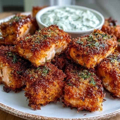 Crisp and moist Simple Panko Crusted Salmon Bites are served hot from the oven with lemon wedges.