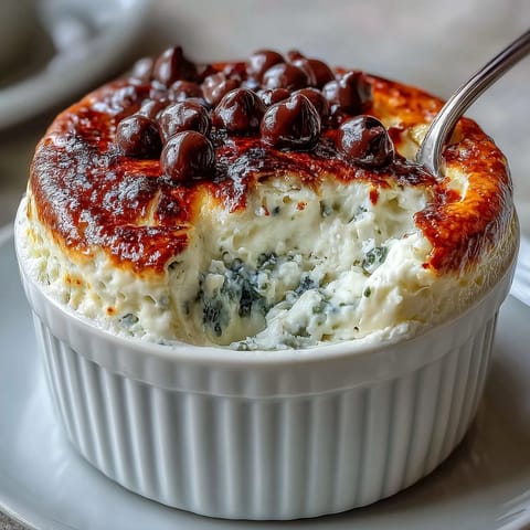Creamy Baked Greek Yogurt topped with strawberries and chocolate chips for dessert.