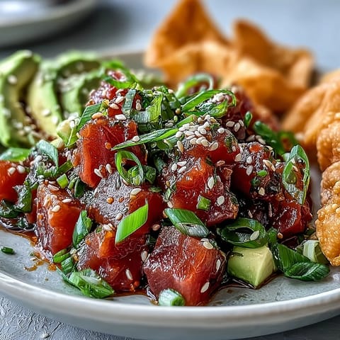 Golden-fried wonton chips are piled high with a vibrant spicy tuna tartare featuring fresh avocado and scallions.