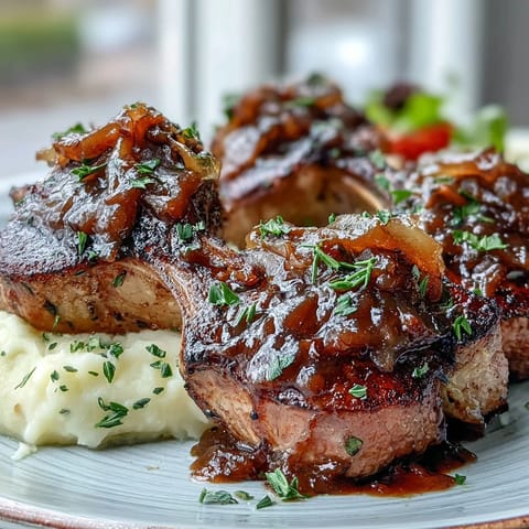 Savory Onion-Jam Glazed Lamb Chops plated alongside creamy mashed potatoes, perfect for a comforting dinner. 