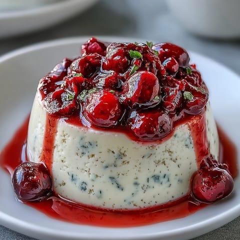 Creamy Cardamom Panna Cotta dessert unmolded onto a white plate, garnished with fresh mixed berries and mint.