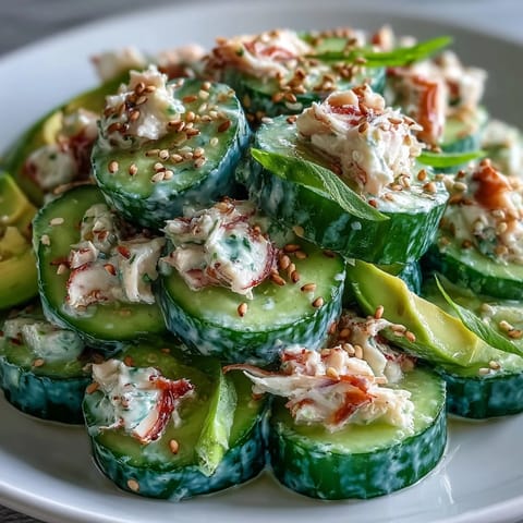 Chilled California Roll Cucumber Salad featuring crisp English cucumbers, savory imitation crab, and rich avocado cubes.