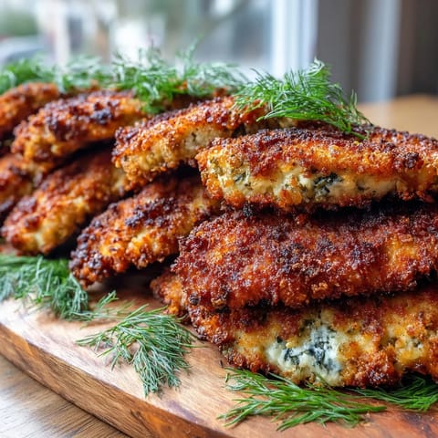 Golden-brown Crispy Dill Pickle Parmesan Chicken breast sliced to reveal juicy interior, paired with tangy dill pickle spear.
