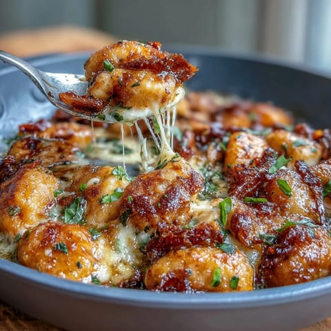 Steam rises from a serving of Chicken Parmesan Gnocchi, revealing tender gnocchi, shredded chicken, and fresh basil garnish.