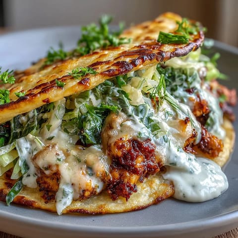 A fresh, platter of Dill Pickle Ranch Smash Chicken Tacos with melted cheese crusts, tangy pickles, and shredded cabbage, served on a rustic kitchen counter.