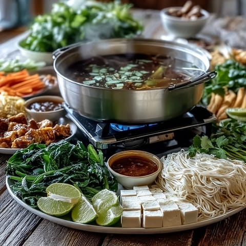 Steaming Asian Hot Pot broth with ginger and shiitake, featuring colorful veggies like snow peas and Napa cabbage ready for dipping.