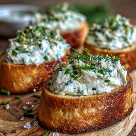 Assorted baguette slices spread with herbed cream cheese, garnished with dill and parsley, arranged for a party appetizer spread.