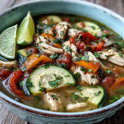 Colorful Skinny One-Pot Chicken Fajita Soup served with zucchini, bell peppers, and sliced avocado.
