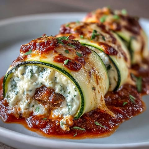 Oven-baked Keto Zucchini Lasagna Roll-Ups in marinara sauce, ready to serve for a low-carb Italian dinner.