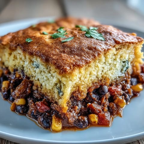 Golden-brown Vegan Taco Pot Pie with Black Beans and Cornbread-Style Topping sits in a ceramic dish, topped with fresh cilantro and diced avocado.