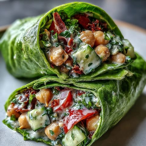 Freshly made Spring Clean Avocado Chickpea Salad Wraps feature vibrant green lettuce leaves filled with a zesty chickpea and avocado mash.