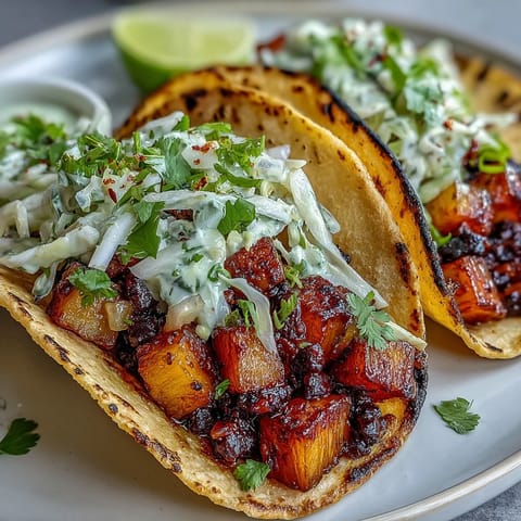 Warm Tropic-Like-Its-Hot Pineapple Black Bean Tacos topped with creamy coconut lime slaw and fresh cilantro.