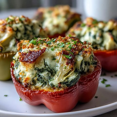 Savory Vegan Spinach and Artichoke Stuffed Peppers in colorful bell peppers with creamy cashew filling.