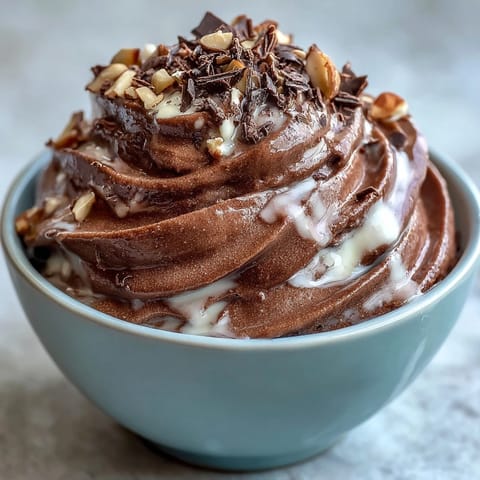 A scoop of rich Vegan Chocolate Banana Nice Cream with cocoa powder and almond butter swirled over crunchy toasted almonds.
