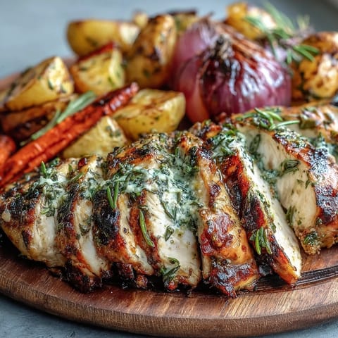 Grilled Herb Chicken with Roasted Root Vegetables served hot with caramelized carrots and potatoes, garnished with fresh thyme and rosemary.