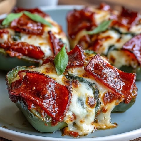 Oven-baked Keto Pizza Stuffed Peppers with Mozzarella and Pepperoni showing bubbly, golden cheese and melted pepperoni.
