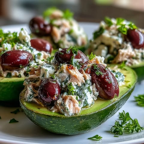 Creamy avocado halves filled with zesty Mediterranean tuna salad, topped with feta and fresh herbs for a colorful, satisfying dish.  