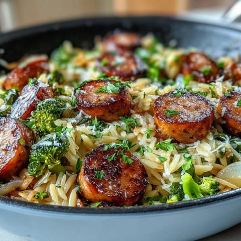 Hearty chicken sausage, tender orzo, and crisp broccoli florets simmered in savory broth, finished with fresh parsley and Parmesan.  