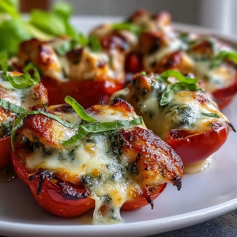 Pesto chicken stuffed sweet peppers with melted mozzarella, baked until golden and bubbling.  