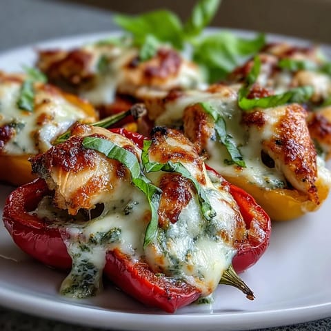 Mini sweet peppers filled with juicy pesto chicken and cheese, perfect for parties or appetizers.  
