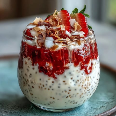 A vibrant, creamy strawberry chia pudding with coconut milk, layered with fresh strawberries and topped with toasted coconut flakes.