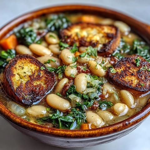 A steaming bowl of Tuscan ribollita white bean soup with hearty vegetables and crispy sourdough croutons.  