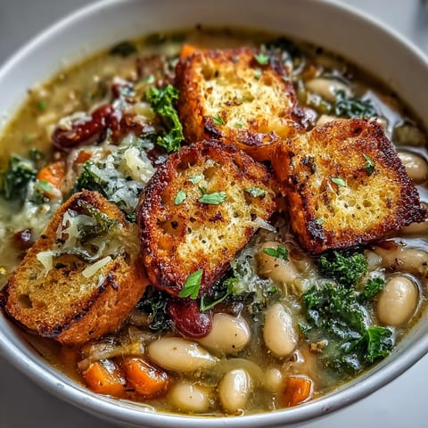 Rustic Italian ribollita soup loaded with white beans, kale, and golden sourdough croutons for a comforting meal.  