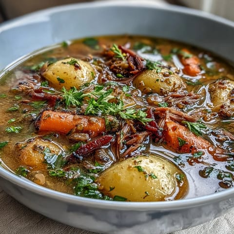 A steaming bowl of ham bone and lentil soup with tender root vegetables and fresh parsley garnish.  