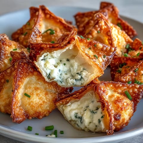 Crispy golden wontons stuffed with creamy cheese filling, served with sweet chili dipping sauce for an irresistible appetizer.  