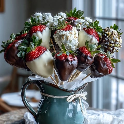 Elegant edible arrangement featuring dark and white chocolate-covered strawberries decorated with nuts and sprinkles.  