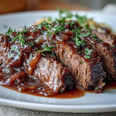 Slow-cooked pot roast infused with onion soup mix, served with carrots, potatoes, and celery for a comforting meal.  