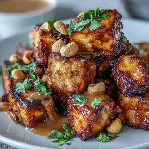 Crispy golden tofu cubes cooked in the air fryer, drizzled with creamy peanut sauce and garnished with chopped peanuts and scallions. A flavorful vegan dish perfect for a quick meal.
