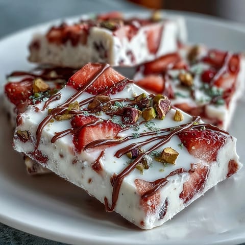 Festive Valentine strawberry yogurt bark with pistachios, creamy yogurt and juicy berries topped with crunchy nuts.