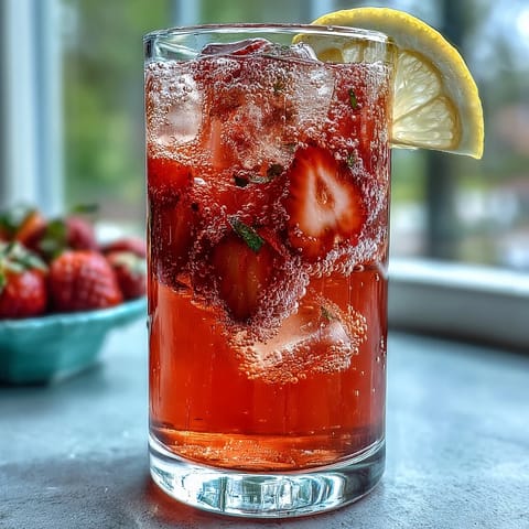Refreshing non-alcoholic strawberry lemonade sparkling water mocktail, perfect for picnics, brunches, or warm-weather celebrations with family and friends.  