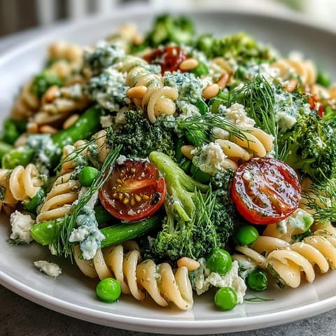 Colorful garden pasta salad featuring tender fusilli, crisp broccoli florets, sweet peas, and juicy cherry tomatoes for a refreshing meal.  